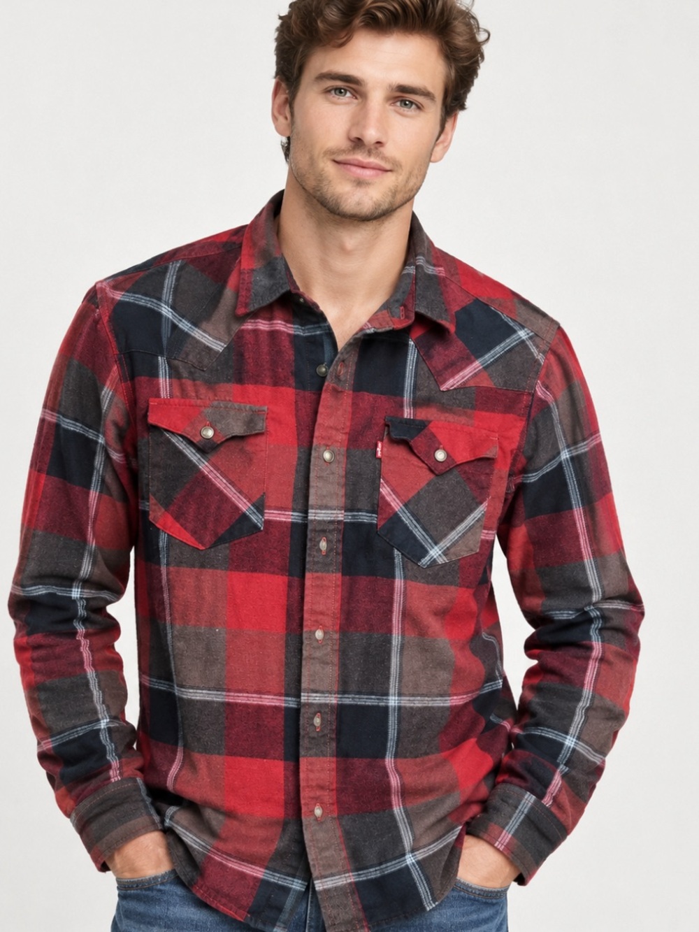 Levi’s Plaid Flannel Shirt Men’s Small Red Black Cotton Workwear CabinCore